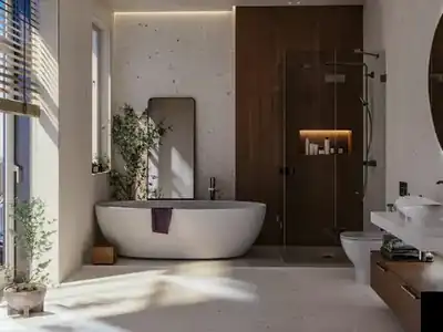 Large bathroom with tub and shower
