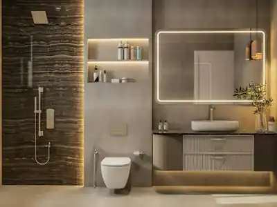 Bathroom vanity and shower
