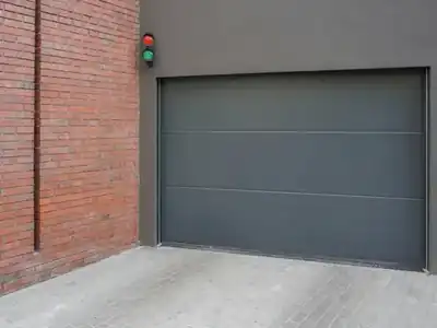 Garage door on a brick house